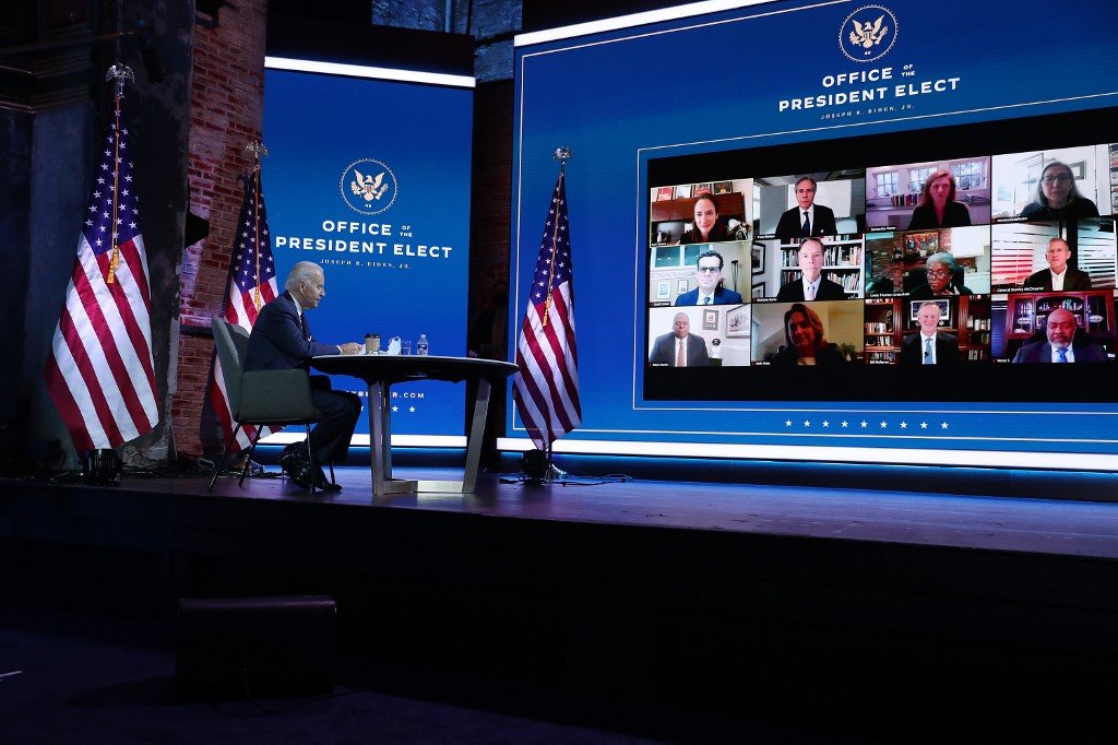 US President-elect Joe Biden receives a briefing on national security in a Zoom meeting with advisors