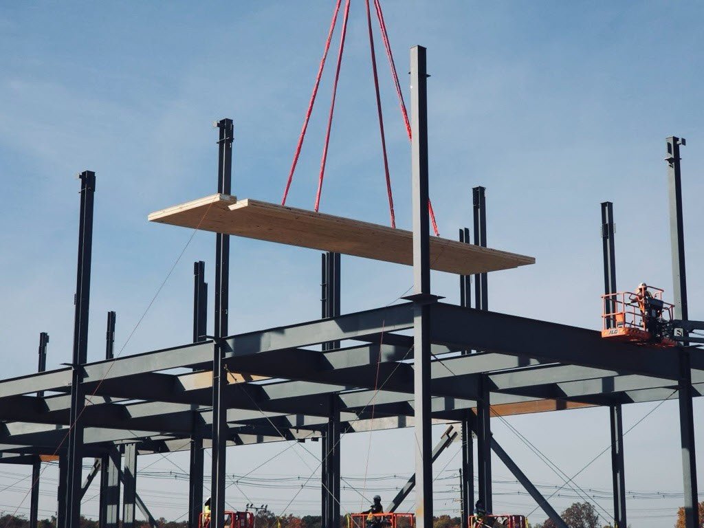 Cross-laminated timber being used in two new Microsoft datacenters under construction in northern Virginia will enable the company to reduce the use of steel and concrete, two big contributors to carbon emissions. Photo courtesy of Microsoft.
