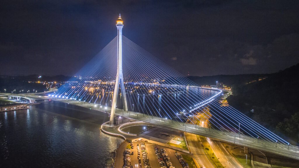 Aerial view of Sungai Kebun Bridge with the water village at Bandar Seri Begawan, Brunei Darussalam. night shot