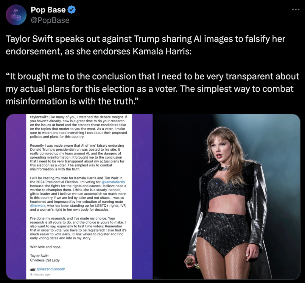 Taylor Swift criticizes Trump for using AI images to fake her endorsement and supports Kamala Harris.